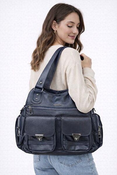 samilon Geantă de umăr și de mână din piele spălată pentru femei, cu multiple...