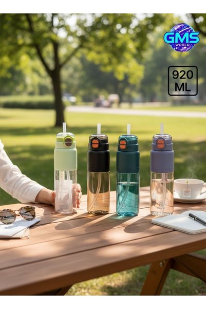 GMS WORLD 920 ml Sport Water Bottle with Double Lid - with Straw & Hand Strap