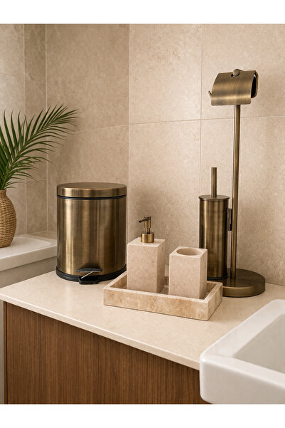 DMR HOME Antik Gold Pirinç Banyo Seti–Traverten Tepsi,Sıvı Sabunluk,Diş Fırça...