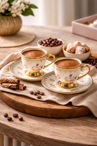 ENYAZA(2024) 6 Kişilik 12 Parça Porselen Gold Detaylı Şık Kahve Fincan Takımı