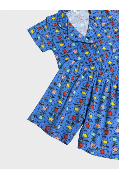 elmas kids Boy's 100% Cotton Blue Elephant Patterned Shirt Collar Buttoned Short Sleeve Shorts Pajama Set