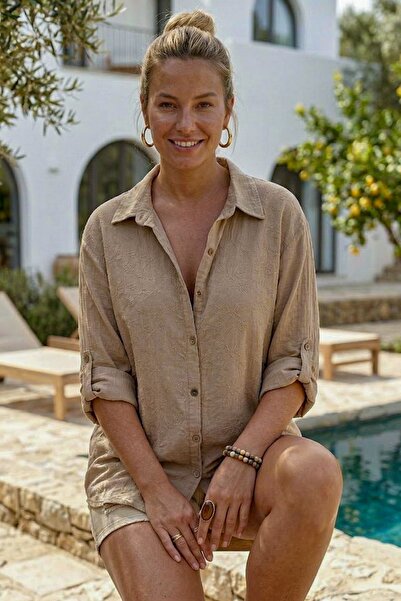 Chiccy Dark Beige Shirt Collar Buttoned Long Sleeve Buttoned Casual Muslin Wo...