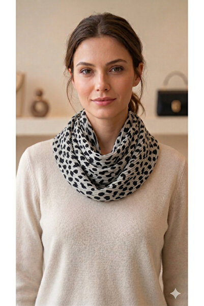 Avoria Pliseli Leopar Desenli Polyester Şal 90x90 cm – Siyah Beyaz Şık