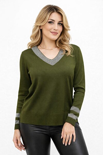 lavella Pulover argintiu pentru femei cu decolteu în V și guler cu mâneci 127...