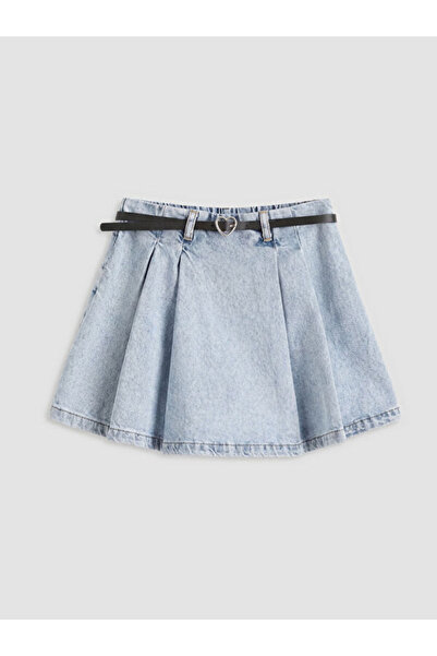 LC Waikiki RMZ GİYİM FARKIYLA Kemerli Kız Çocuk Pileli Jean Şort Etek