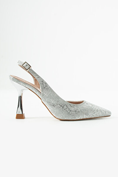 Sira Official Aura Silver Patterned Open Back Evening Dress Heeled Shoes
