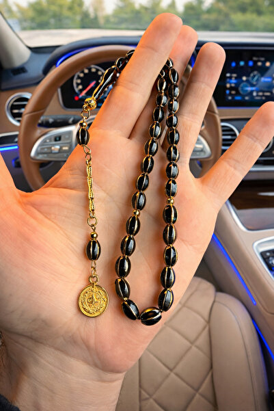 A-STİL TAKI Men's Gift Heavy Pure Gold Plated Tassel Black Gold Prayer Beads