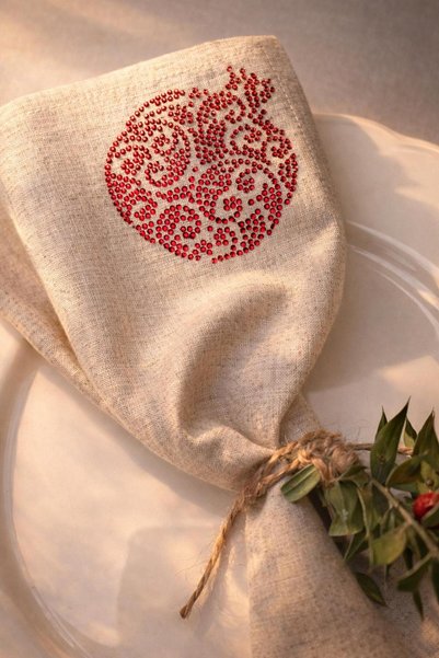 desicap Set of 6 Pomegranate Sparkle Stone Patterned Beige Linen Napkins – 34X34 cm Table Napkin Set for Events