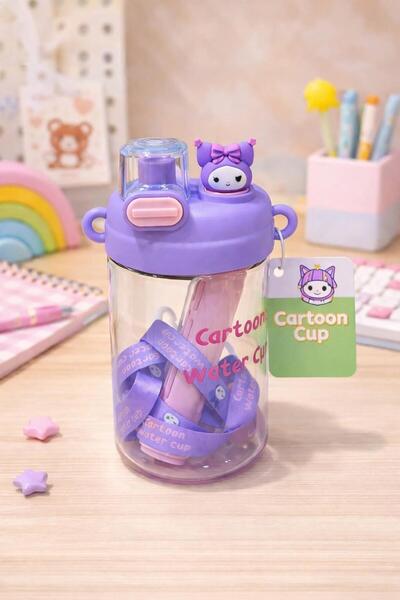 ÖZ KIRTASİYE Kuromi Sevimli Figürlü ve Boyun Askılı Çocuk Matarası - 750 ml P...