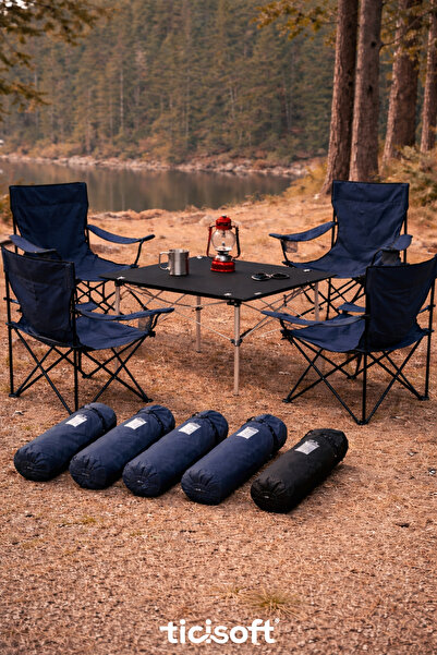 Ticisoft Dayanıklı Taşıma Çantalı Bardaklıklı 4 adet Kamp Sandalyesi 1 adet K...