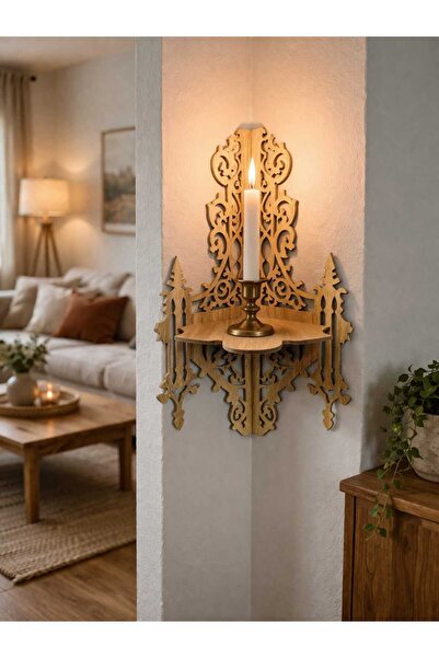 Decorion Oymalı Ahşap Köşe Duvar Rafı Meşe