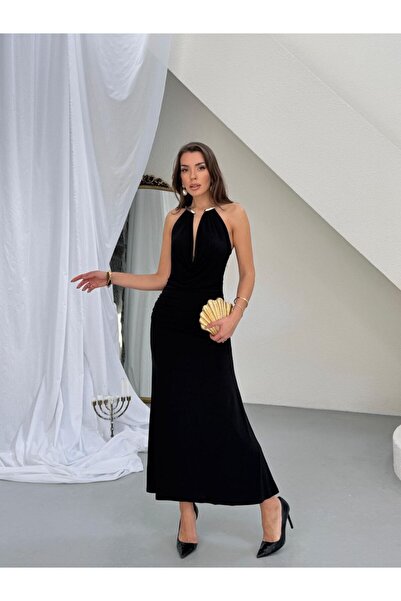 Perry Boutique Black Maxi Dress with Pendant Detail and Open Back