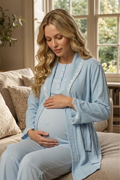 Lohussa New Season Blue Jacquard Summer Shawl Collar Short Sleeve Maternity D...