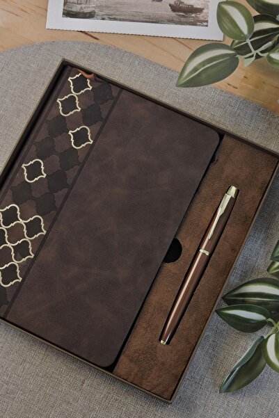 Nova Crafts Kutulu Kahverengi Süet Mozaik Desenli Defter ve Kalem Seti