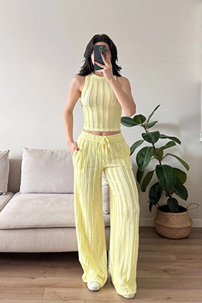 MOZENA Halter Neck Reverse Stitch Crop Top and Pants Two-Piece Set