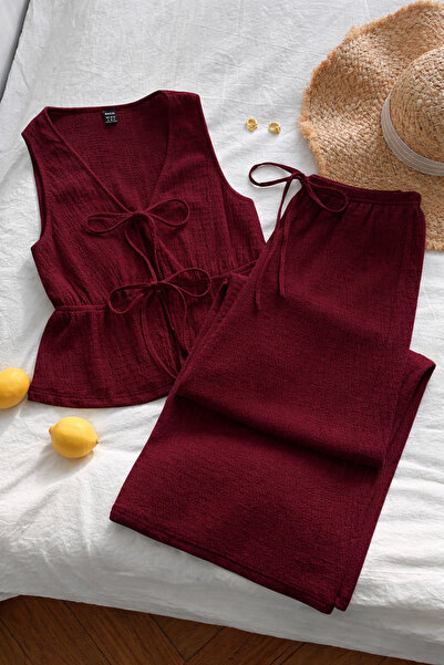 WEEST MODA bordo yelek ikiönden bağlama detaklı geniş paça pantolon alt üst t...