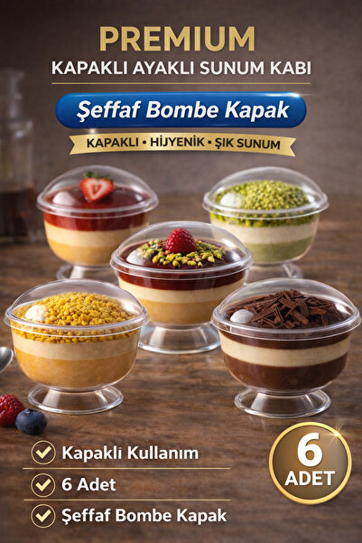 OPTİMEX Kapaklı Ayaklı Sunum Kasesi 6 Adet Şeffaf Bombe Kapaklı Premium Tatlı...