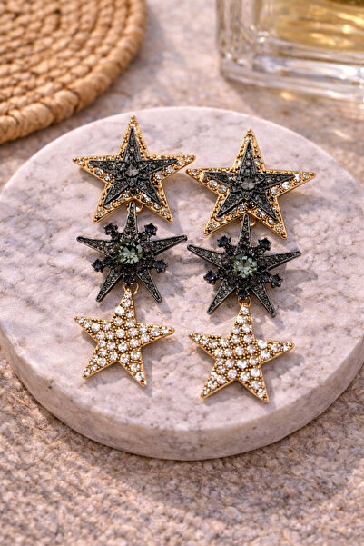 PORSE Star Figured Stone Dangle Earrings Gold & Black Stylish Design