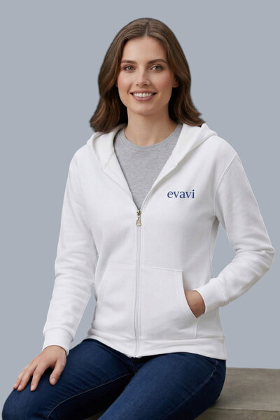 Kadın Logo Baskılı Kapüşonlu Fermuarlı Beyaz Sweatshirt Ceket