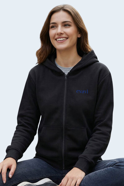Kadın Logo Baskılı Kapüşonlu Fermuarlı Siyah Sweatshirt Ceket