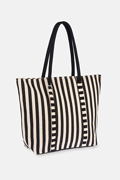 Dagi Geantă de plajă din pânză cu dungi ecru-negru