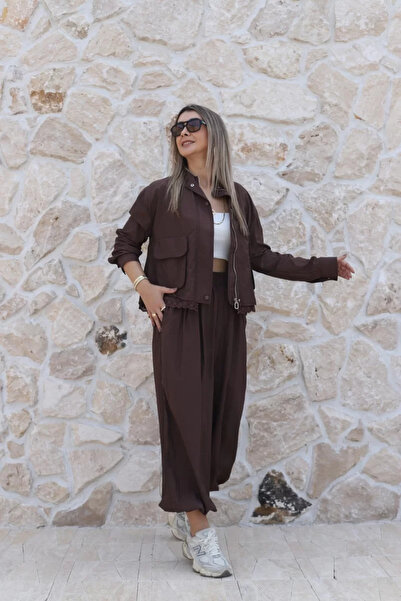 bytugcekaya Coffee-Colored Jacket with Embroidered Lining and Balloon Pants Set