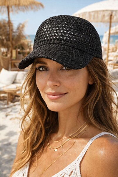 MARBERRY Black Glittery Mesh Straw Cap Women's Hat