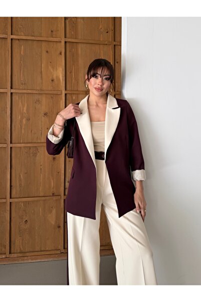 HOEK Kadın Krem-Mürdüm Oversize Blazer Ceket Pantolon Takım Elbise