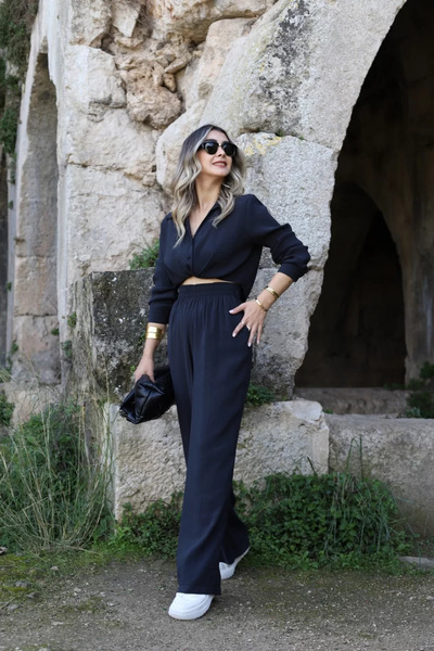 bytugcekaya Black Crop Shirt Set