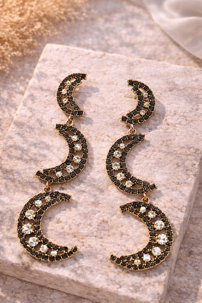 PORSE Premium Gold Moon Design Crystal Stone Dangle Earrings – Trendy Model