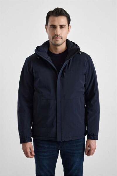 SÜVARİ Lacivert Slim Klasik Yaka Düz Yan Cepli Fermuar Kapitone Rüzgar Geçirm...