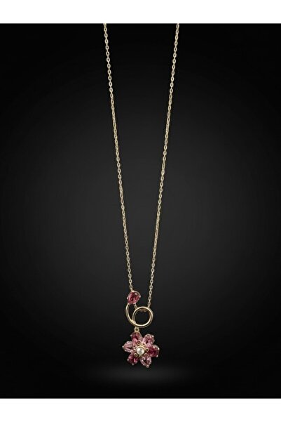 deryora Steel Necklace - Pink Flower Zircon Stone Gold Stainless Steel Gift f...