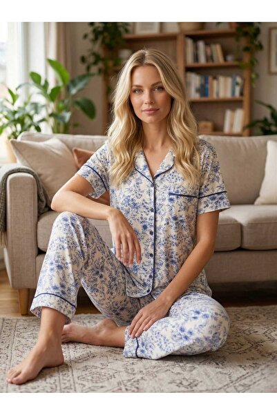 Lohussa New Season Blue Patterned Shawl Collar Front Buttoned Special Design ...