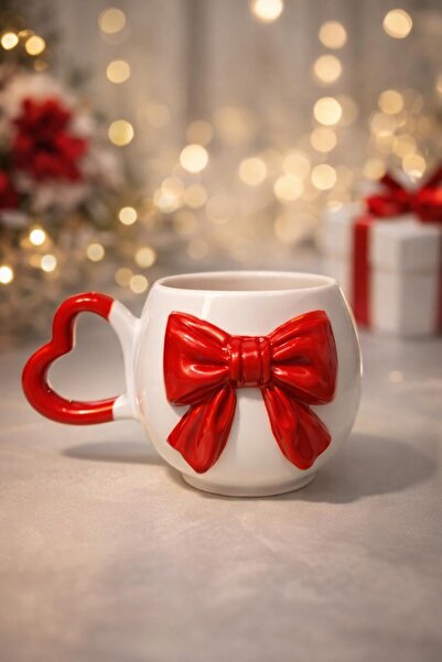 İZart Kalp Kulp 3D Red Bow D Patterned Special Embossed Fully Handmade Cerami...