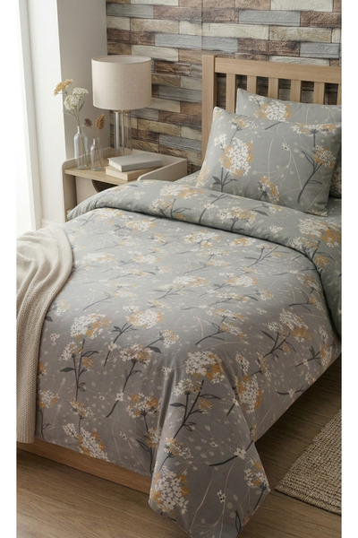 mihriban Single Duvet Cover Set with Wildflower Pattern in Gray (Without Sheet)