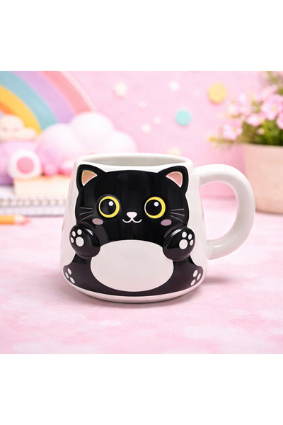 hediyeconcepti Ceramic Mug with Cute Cat Design, Colorful Character Coffee Cu...