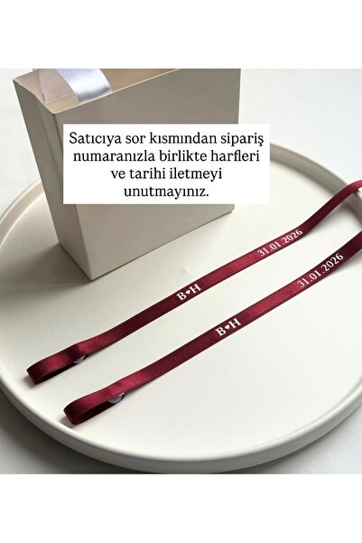 Huyendo İncisiz Söz Nişan Yüzük Kurdelesi (Bordo kurdele, beyaz baskı) 1 cm k...