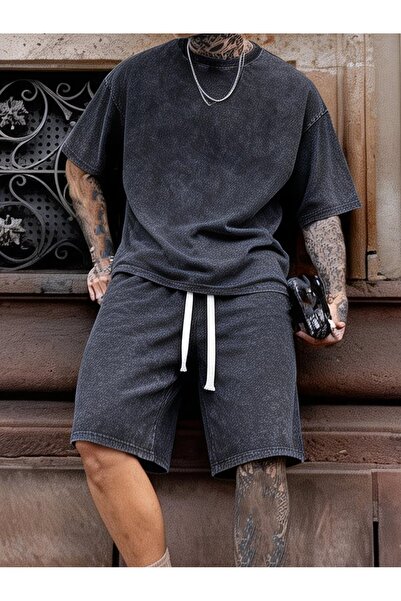LAYORA Unisex T-Shirt with Shorts Set Black 100% Cotton Oversize Streetwear S...