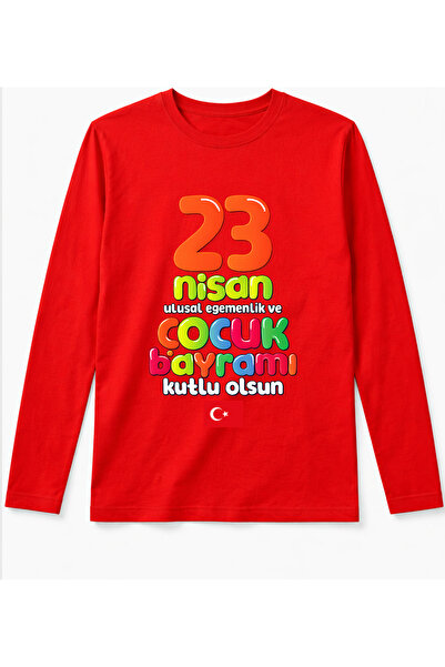 Efendioğlu Design تي شيرت للأطفال بأكمام طويلة وملونة مع علم مكتوب عليه عيد م...