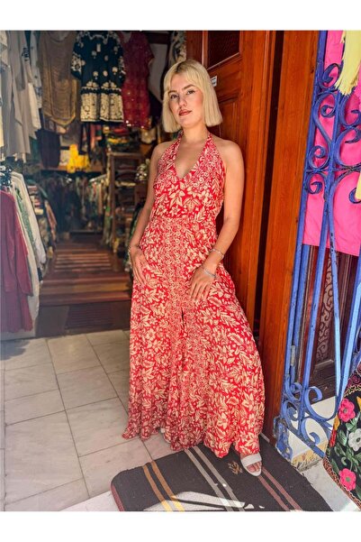Miss Boheme Red Color Gold Detailed Halter Neck Backless Silk Jumpsuit