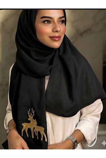 Veil Designer طرحه بوال الوان اسود بتطريز غزال ذهبي قماش ياباني