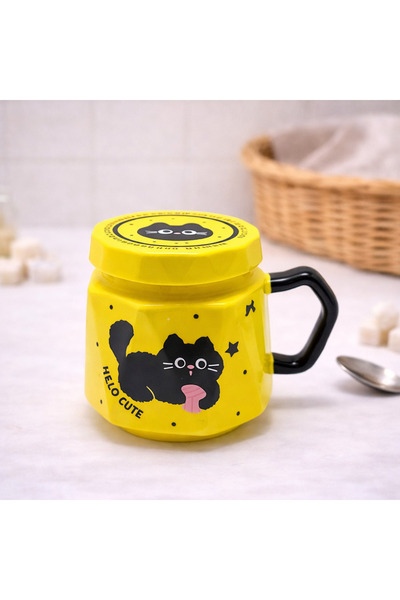 hediyeconcepti Cat Printed Ceramic Mug with Lid Kawaii Design Coffee Cup Gift...