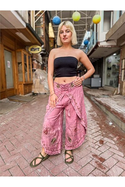 Miss Boheme Pink Color Ethnic Patterned Embroidered Trousers with Cap