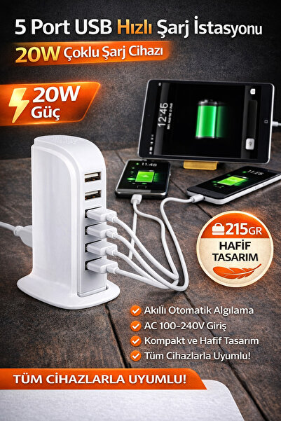 nelerbulurum Tüm Cihazlara Uyumlu 5 Port USB Hub Çoklayıcı Şarj İstasyonu 20W...