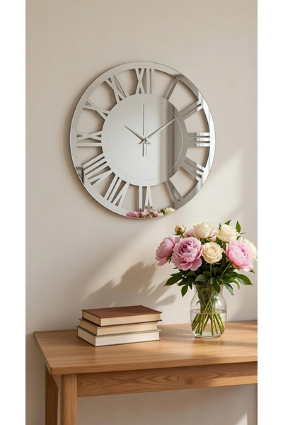 NİSANEST ساعة حائط فاخرة بمرآة 40 سم - ذهبي - فضي