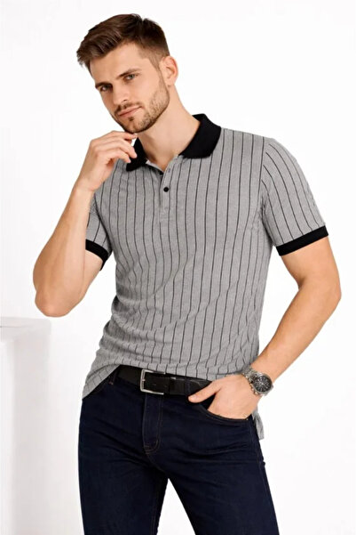 Giyimodam Men's Polo Collar Striped T-Shirt Short Sleeve Buttoned Summer T-Sh...
