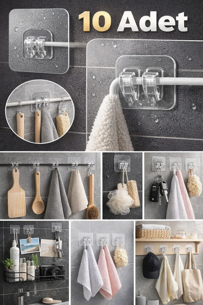 BLUE SİDE 10 Pieces of Adhesive Wall Hanger Kitchen Bathroom Household Suppli...