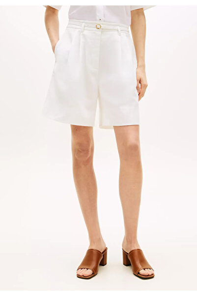 Tommy Hilfiger Women's Regular Fit Waist Belt Detailed Pleated Short White Sh...