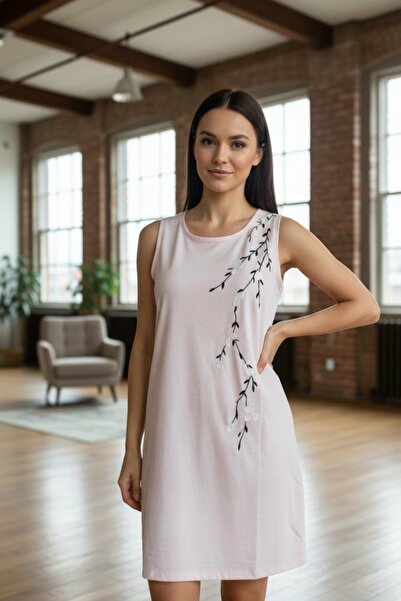 Mossta Αμάνικο Μίνι Φόρεμα με Φλοράλ Σχέδιο - Πούδρα