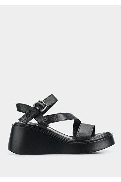 Provoq Black Leather Women's Heeled Sandals